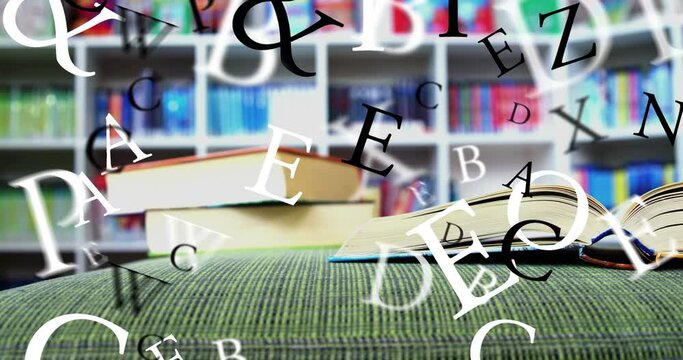 Animation of letters over books in library