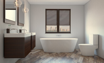 Scandinavian bathroom, classic  vintage interior design. 3D rendering.