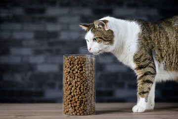 Tabby cat looking curious to dry cat food in instorage jar.  Side view with copy space.	