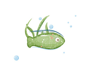 Cartoon cute green fish vector illustration with texture. Cartoon sea life illustration	
