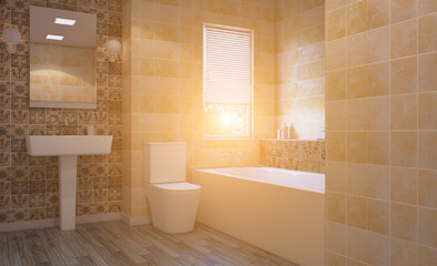 Modern bathroom including bath and sink. 3D rendering.. Sunset.