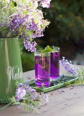 Lilac Lemonade of basil and mint, vintage still life purple and green, in the rays of the setting sun