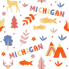 USA collection. Vector illustration of Michigan theme. State Symbols - seamless pattern