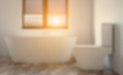 Fototapeta na wymiar Bokeh blurred phototography. Modern bathroom including bath and sink. 3D rendering.. Sunset.