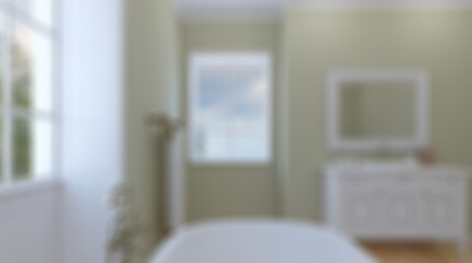 Bokeh blurred phototography. Modern bathroom with large window. Sunset.  Empty picture. 3D re