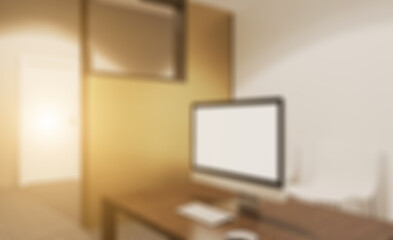 Bokeh blurred phototography.  Modern office building interior. 3D rendering.. Sunset.. Modern