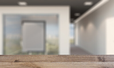Background with empty table. Flooring. Modern office building interior. 3D rendering.. Mockup.   Empty