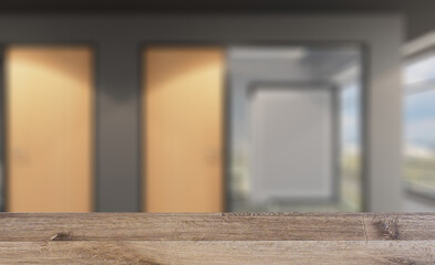 Background with empty table. Flooring. Open space office interior with like conference room. Mockup. 3D