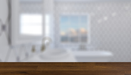 Background with empty table. Flooring. Scandinavian bathroom, classic  vintage interior design. 3D rend