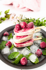 Homemade Raspberry Banana Popsicles with Coconut Milk. Homemade and healthy ice cream. Vegan ice cream with fresh fruit and mint leaves