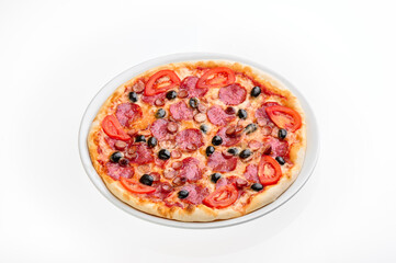 Pizza with salami, olives, hunting sausages and tomatoes isolated on white background. Mockup pizza for menu and website. High quality photo