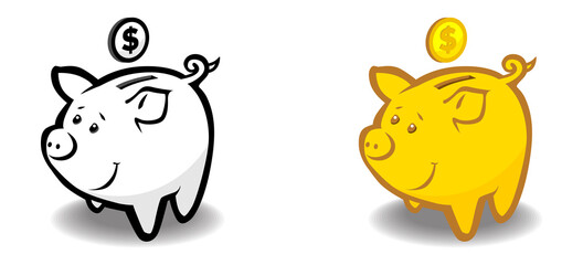 Funny piggy banks and dollar. Save money concept flat design. Money management business. Illustration, Vector on transparent background