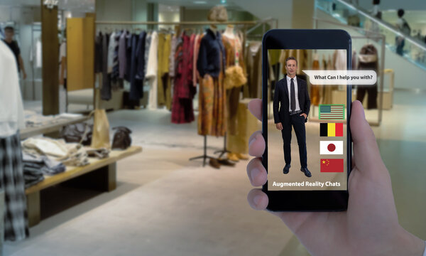 Smart retail futuristic technology concept. Retailer use augmented mixed virtual reality tech with chatbot, language translator ,blockchain to support product, service information for customer.