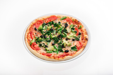 Vegetarian pizza with vegetables and cheese isolated on white background. Mockup pizza for menu and website. High quality photo