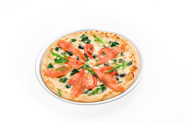 Pizza with seafood, salmon and olives isolated on white background. Mockup pizza for menu and website. High quality photo