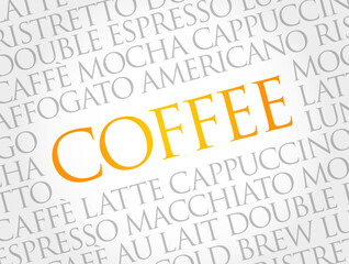 List of coffee drinks words cloud collage, poster background