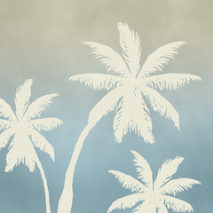 Abstract tropical scene with palm tree decoration on grunge blue and beige background