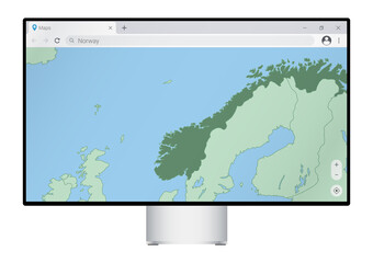 Computer monitor with map of Norway in browser, search for the country of Norway on the web mapping program.