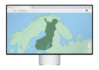 Computer monitor with map of Finland in browser, search for the country of Finland on the web mapping program.