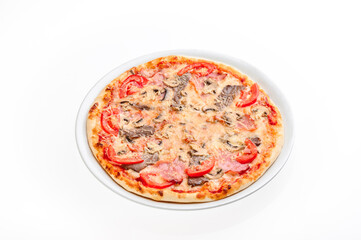 Pizza with beef, ham and tomatoes isolated on white background. Mockup pizza for menu and website. High quality photo