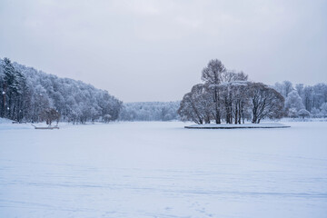 Pastoral winter landscape on a frozen lake with islands