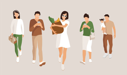 Obraz premium Young character set. young characters man and woman walking forward on isolated background. People set isolated. Vector illustration.