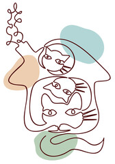 Vector isolated illustration of three cats sitting in the house. One line composition with colorful spots on background.
