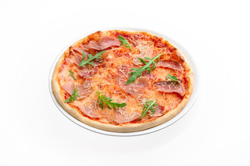Pizza with prosciutto and ham isolated on white background. Mockup pizza for menu and website. High quality photo