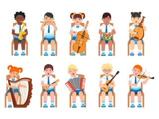 A set of musical instruments with children. Children sit on chairs and play different instruments. - obrazy, fototapety, plakaty