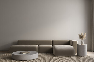 Modern minimalism interior with sofa, coffee tables and decor. 3d render illustration mockup.