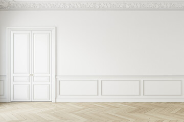 Classic white empty interior with moldings and door. 3d render illustration mockup.