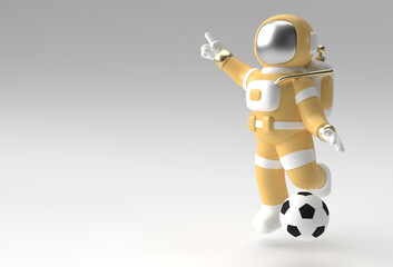 3d Render Spaceman Astronaut Hand Pointing Finger Gesture with Football  3d illustration Design.
