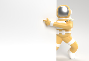 3D Render Astronaut Hand Pointing Finger Gesture with Holding a White Banner 3d illustration Design.
