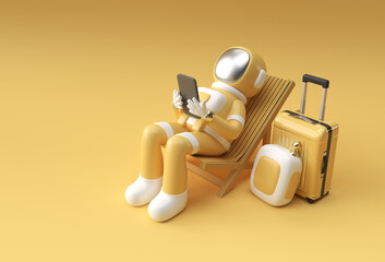 3d Render Spaceman Astronaut sitting on chair using phone with travel suitcase 3d illustration Design.