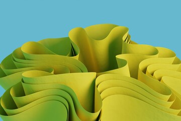 Fototapeta na wymiar 3D render a yellow abstract wavy figure on a blue background. Wallpaper with 3D objects