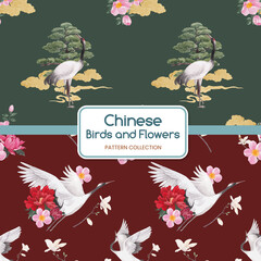 Pattern seamleas with Bird and Chinese flower concept,watercolor style