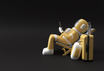 3d Render Spaceman Astronaut sitting on chair using phone with travel suitcase 3d illustration Design.
