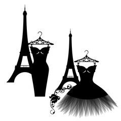 luxuriuos Paris haute couture fashion atelier vector silhouette set with little black dress and eiffel tower - obrazy, fototapety, plakaty