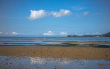 썰물로 넓은 모래 사장이 나타난 해수욕장 풍경
