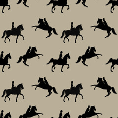 seamless background of silhouettes isolated on a light background, a lady and a gentleman on horseback