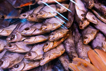 dried fish chekhon on the counter of the store