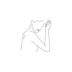 Vector thin line minimalistic illustration of woman. Face and body care drawing isolated on a white background.	