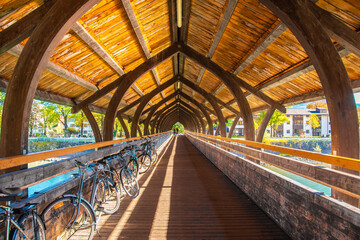 wooden bridge over the Inn River in Innsbruck, Austria on October 15 2016