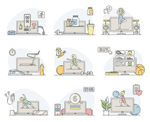 Online Sport and Physical Exercise with Computer Screen and Workout Drill Via Internet Line Vector Set