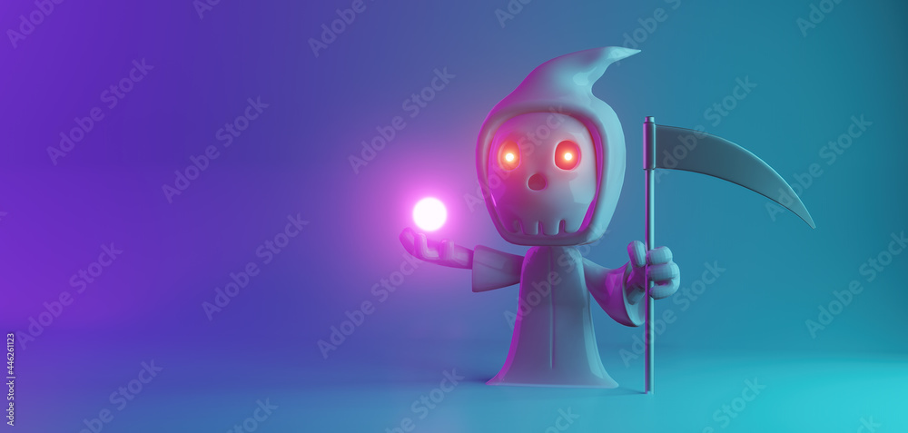 Canvas Prints halloween banner with funny ghost cartoon character on blue background and copy space. 3d rendering 