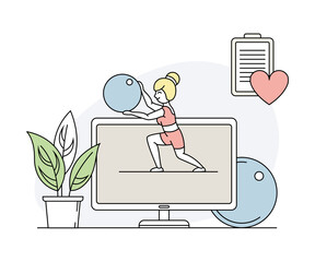 Online Sport and Physical Exercise with Computer Screen Girl with Fitball Line Vector Illustration