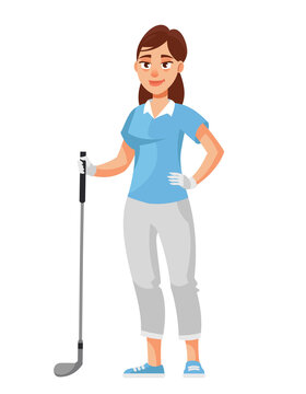 Female golfer holding club. Sportswoman in cartoon style.