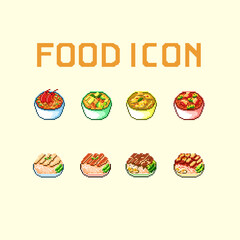 Illustration of several thai curries and chinese style thai rice in pixel art style