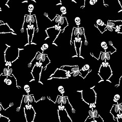 Seamless pattern with the image of skeletons in different poses. Design for paper, textile and decor. Vector illustration.