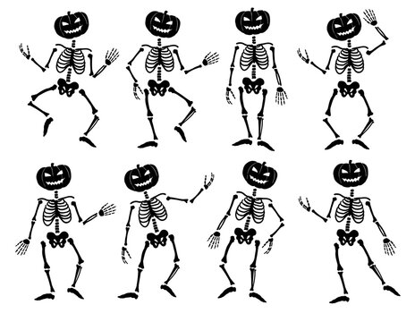 A set of skeletons with a pumpkin head in different poses. Vector illustration.